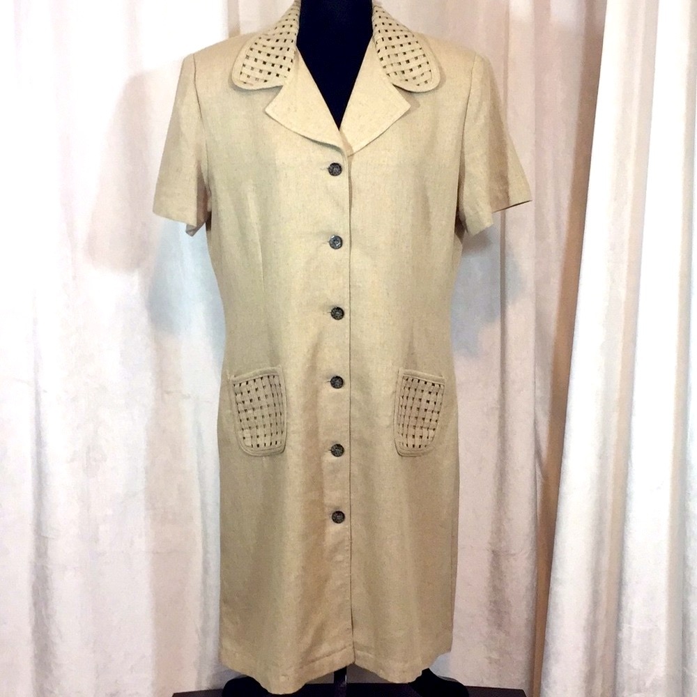 Vintage 80's John Roberts‎ Basketweave Collar/Pocket Linen/Rayon Dress Sz 14P